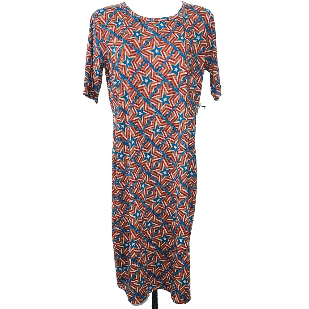 LuLaRoe Dress Julia 2XL Star Print Stretch Knee Length NWT Red Blue Cream Plus